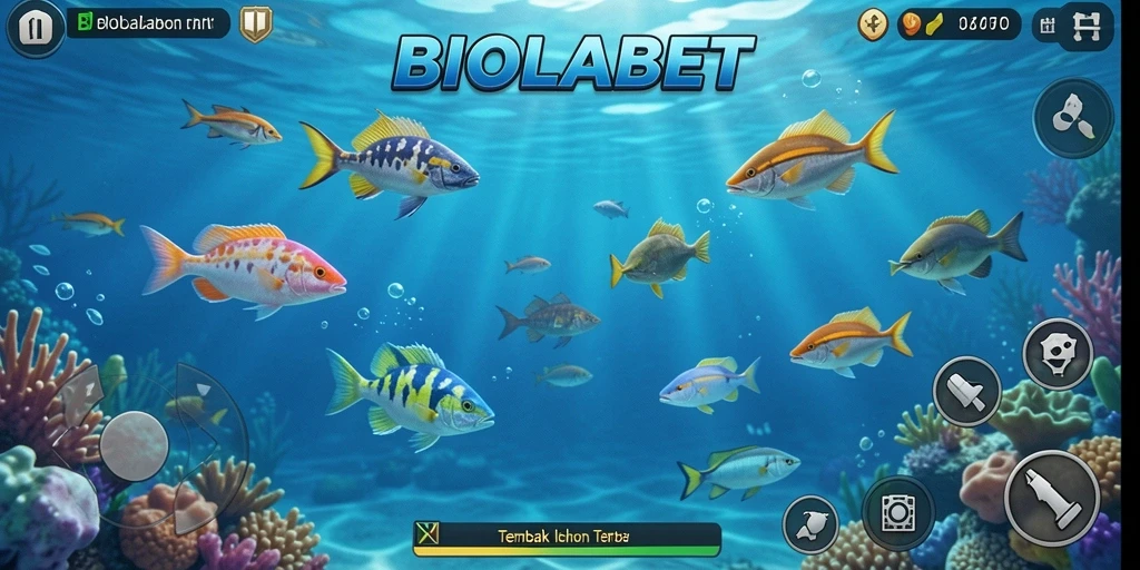 Screenshot gameplay <strong>BIOLABET</strong> yang menampilkan pertarungan menembak ikan.