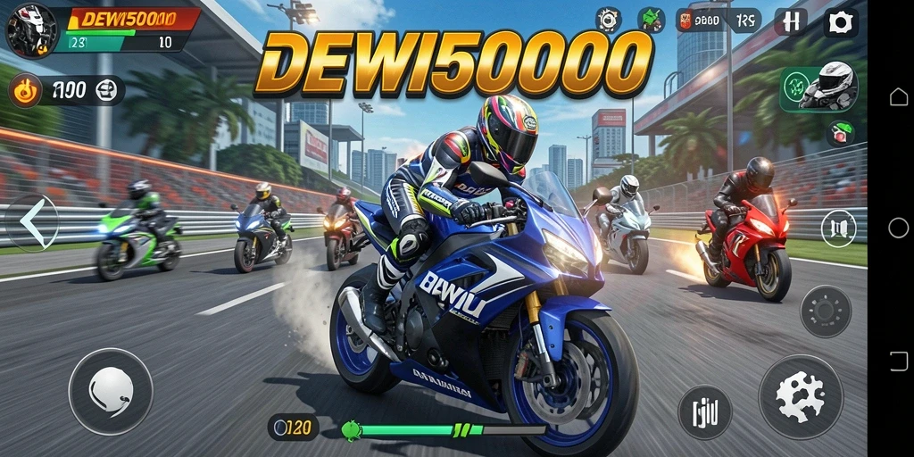 Screenshot permainan balap motor DEWI5000 dengan aksi kecepatan tinggi.