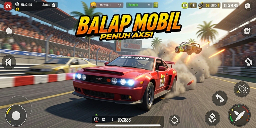 Tampilan gameplay seru di OLX888 dengan mobil balap cepat.