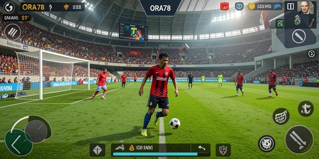 Tampilan menakjubkan dari gameplay <strong>ORA78</strong> yang menggambarkan aksi sepak bola seru.