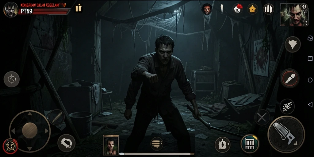 Screenshot gameplay PT89 menunjukkan suasana Horror yang mencekam.