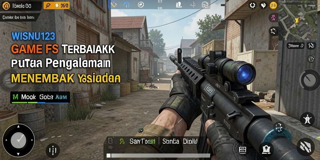 Tangkapan layar utama dari gameplay WISNU123 menampilkan aksi menembak yang intens.